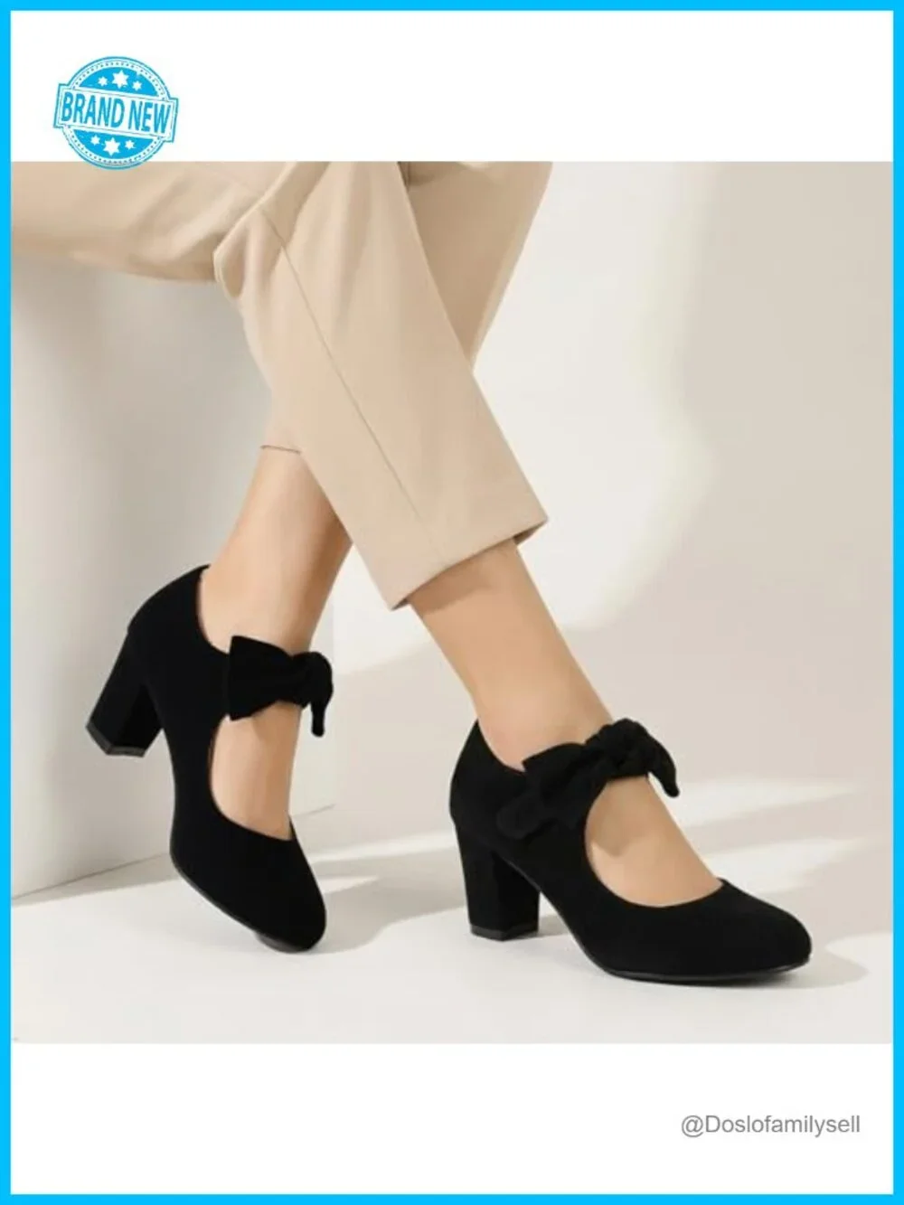Women's Bow Mary Janes Block Heel Pumps Faux Suede Dress Shoes